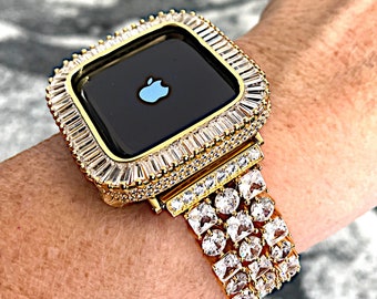 Yellow Gold Apple Watch Band and or Lab Diamond Bezel Apple Watch band bling 38/4042/44/41/45/49 Ultra Apple Watch cases Apple Watch bands