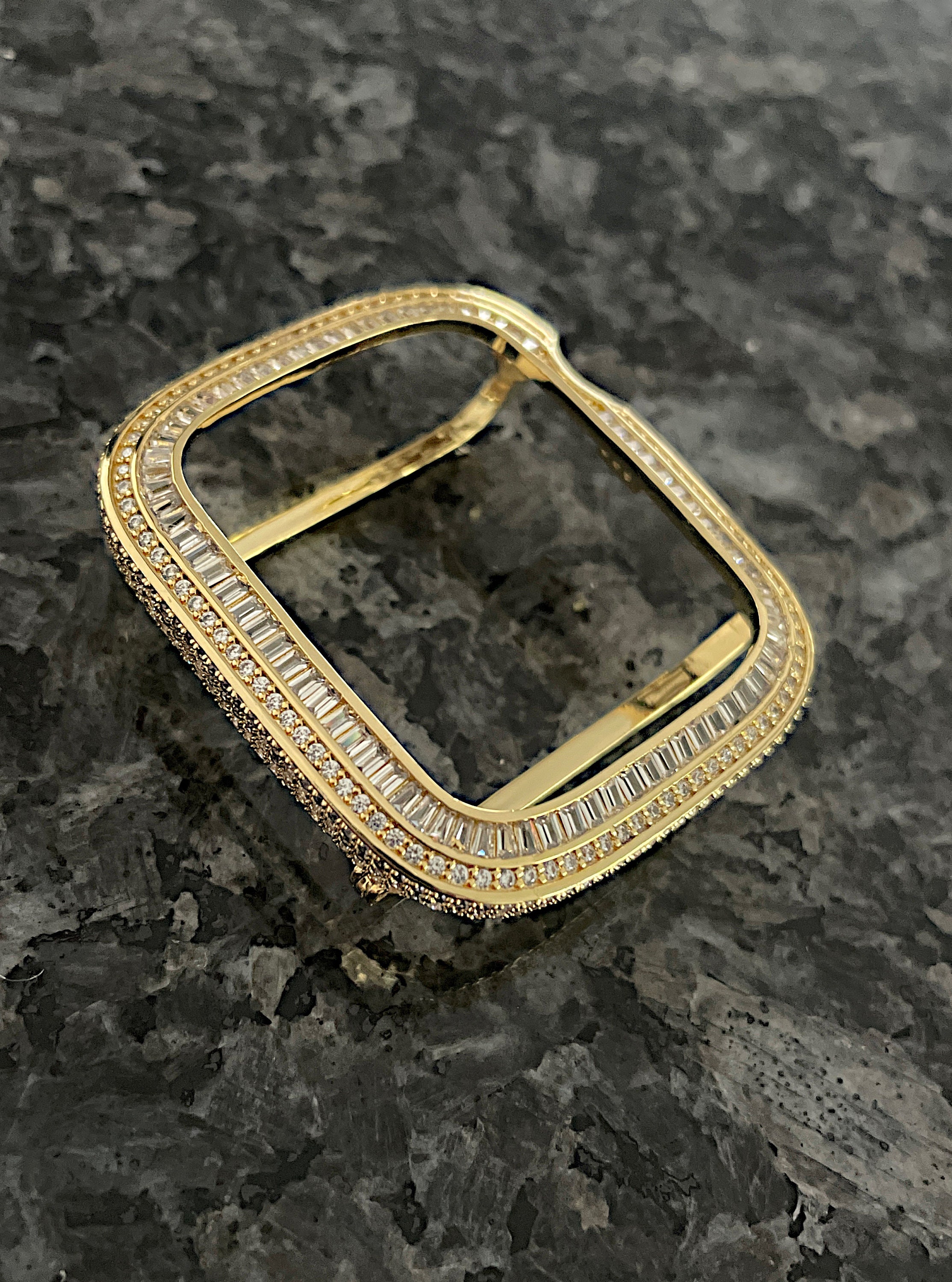 46mm Apple Watch Bezel Baguette Moissanite | 14K Gold Vermeil Luxury Tech Bling Iwatch Candy - Custom Gold Apple Watch Band with Baguettes & main image 2