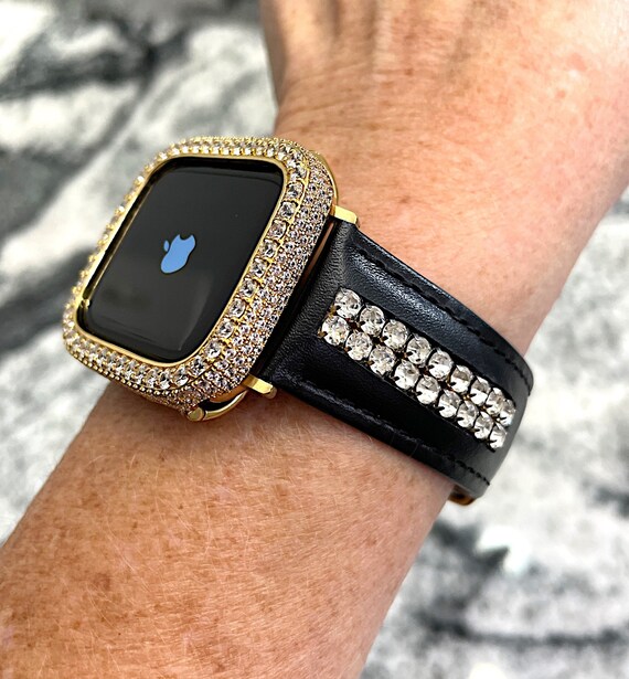 Correa para Apple Watch en oro amarillo Cuero de 2 filas Fabricada con correa para Apple Watch con Swarovski Elements CRISTALIZADOS y caja para Apple Watch con diamantes de laboratorio Etsy Mexico