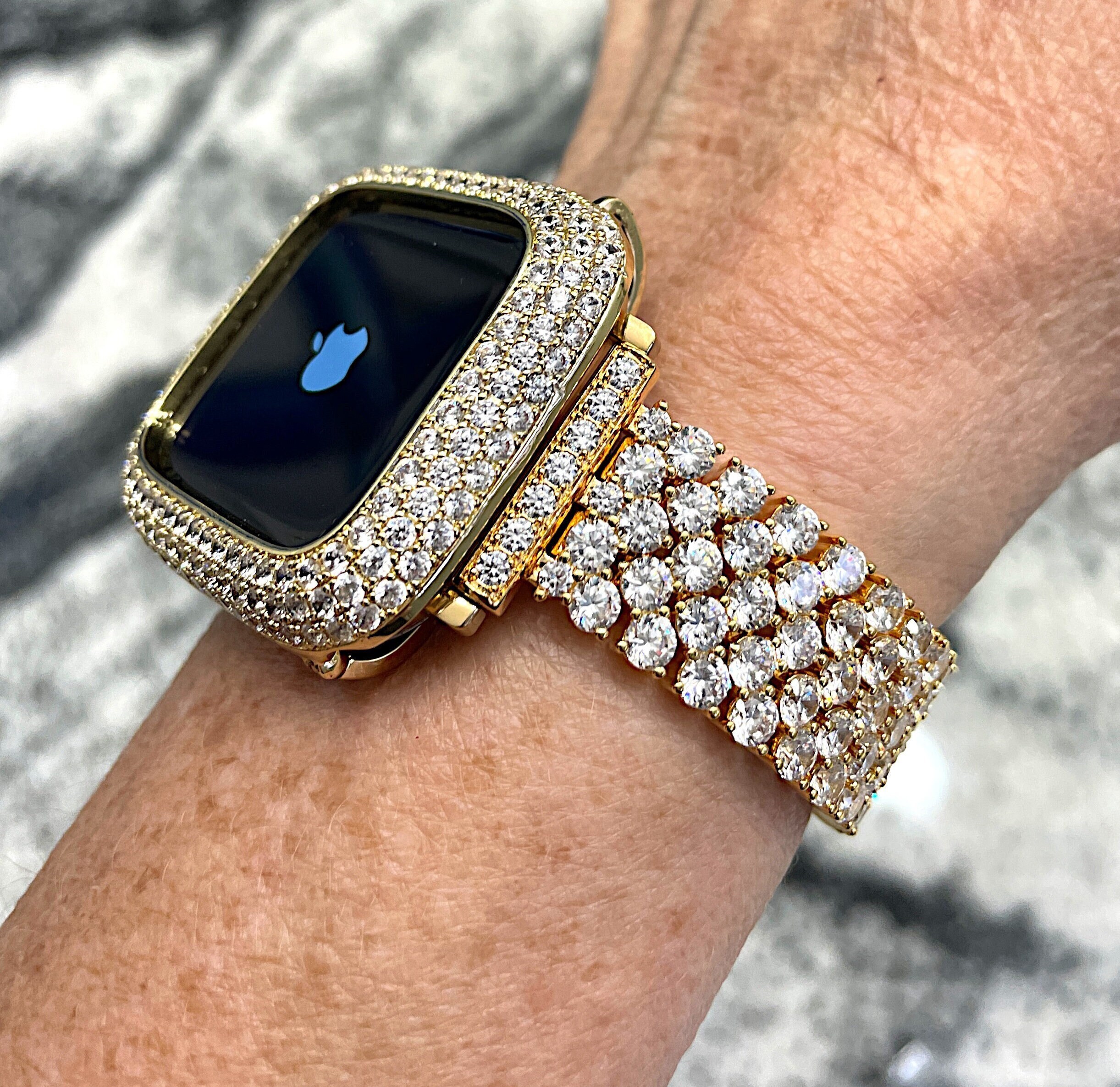 Latest style High end lab diamond Yellow gold Apple Watch Watch Band and or Lab Diamond Apple Watch case 40 44 41 45 49 Ultra Apple Watch