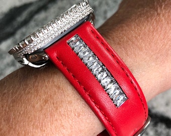 Made With High End Crystals Apple Watch Band Red Leather  display picture 2