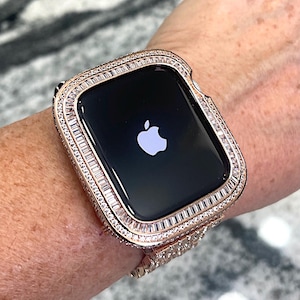 Series 4-8 Rose gold Bling Baguette Bezel  Lab Diamond Apple Watch Case Cover  Metal Series 4,5,6,7,8,9,SE 40,41,44,45mm bumper ipad iphone