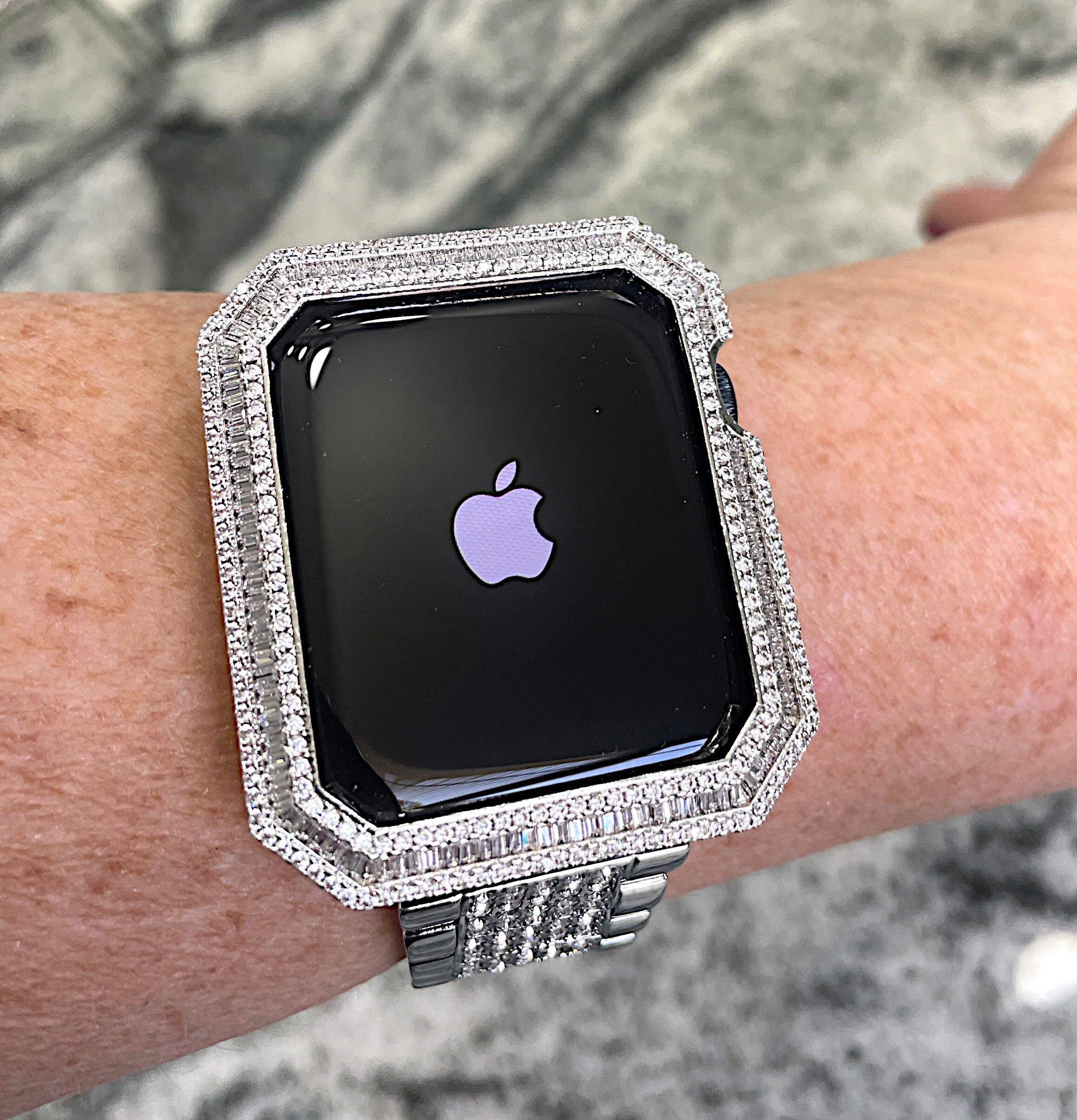White Gold Bling Baguette Bezel Only Lab Diamond Apple Watch 