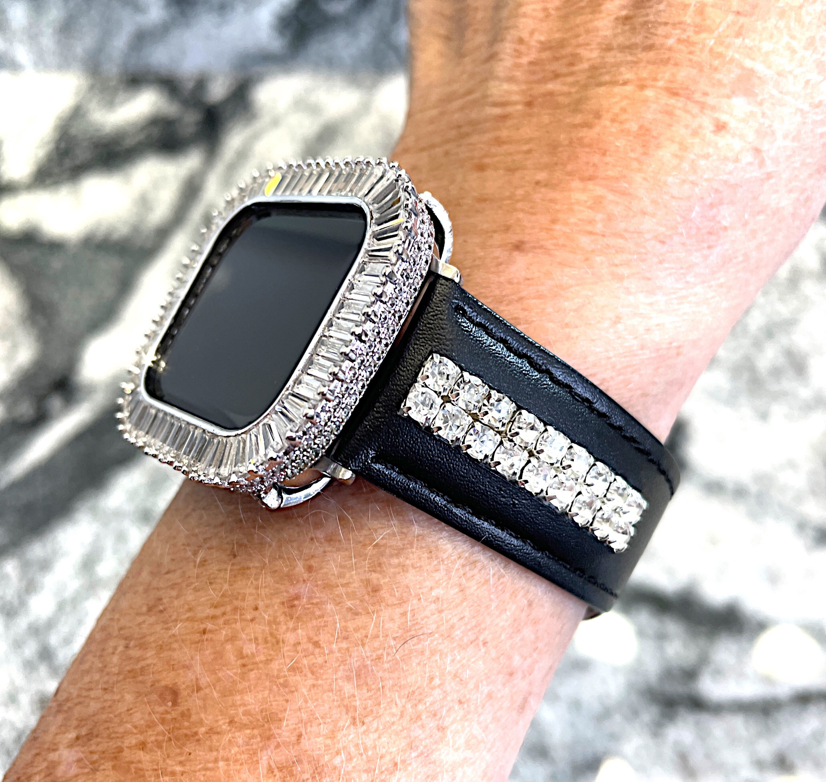 Apple Watch Band Black Leather 2 Rows of High-end Crystals  display picture 1