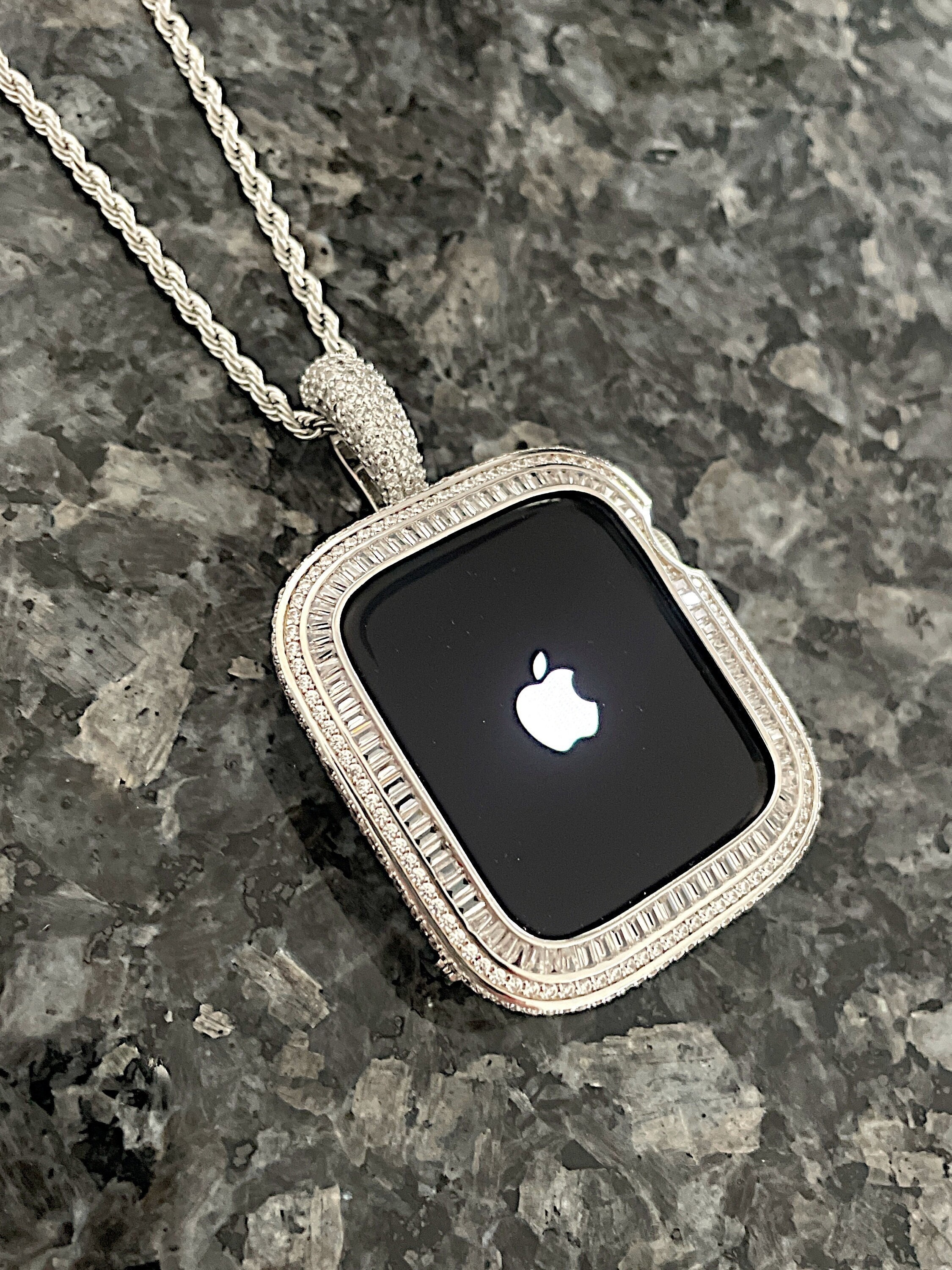 Apple Watch Pendant Necklace White Gold Wear On Watch or Neck Lab Diamond Apple Watch Necklace 40 41 44 45 SE Apple Watch Bling