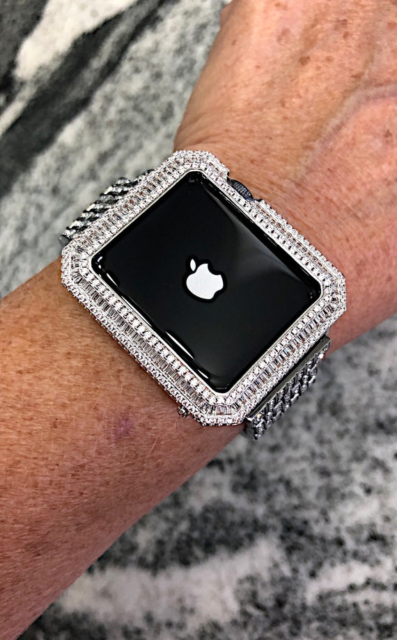 Apple Watch case bezel white gold and baguette and round baguette lab diamonds Series 4-9 White Gold Bling Baguette Bezel Lab Diamond Apple  main image 3