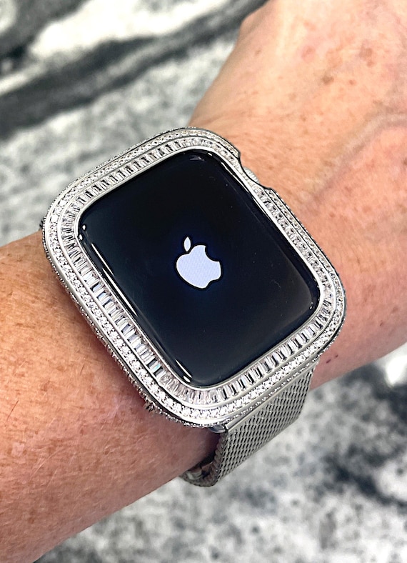 Apple Watch Case Cover, baguette channel set White gold Bezel Lab Diamond, 44mm New 3 Row Baguette Channel Set White Gold Bezel Lab Diamond  main image 3