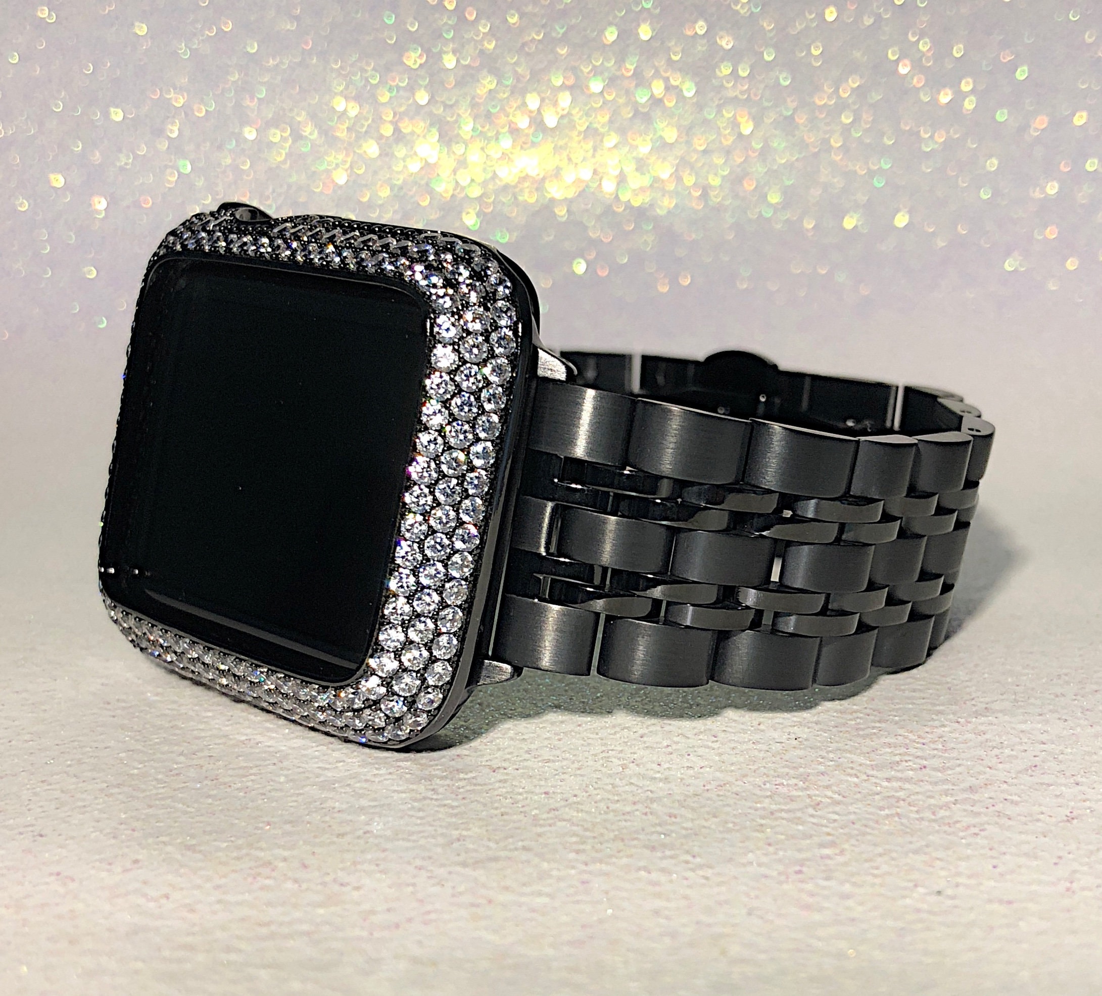 Black Apple Watch Band and or Lab Diamond Bezel Iwatch Mens Stainless Steel 38 40 42 44 Case Cover Series 1 2 3 4 5 6 SE Etsy UK