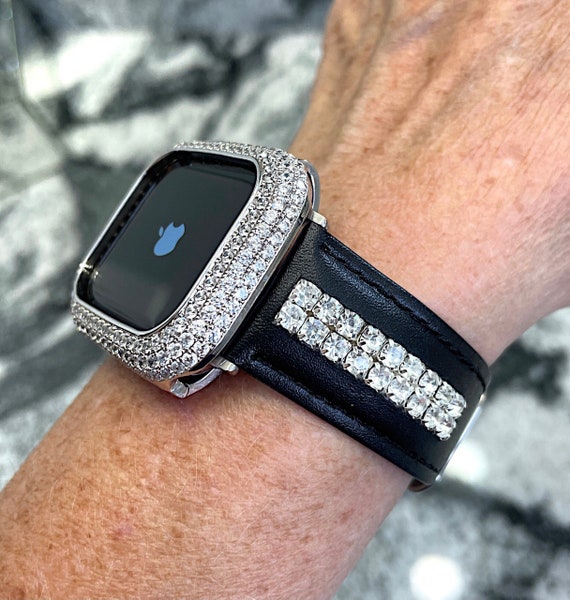 ホワイトゴールドのApple Watchバンド、ブラックレザー2列、高級 