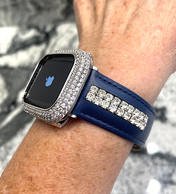 Blue Leather Apple Watch Band 2 Rows of High-end Crystals  display picture 3