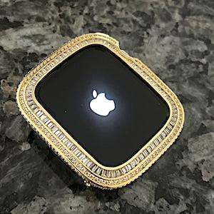 Yellow gold Bling Baguette Bezel Only Lab Diamond Apple Watchi Case Cover Metal Series 4,5,6,7,8,9,SE 40,41,44,45mm bumper ipad iphone