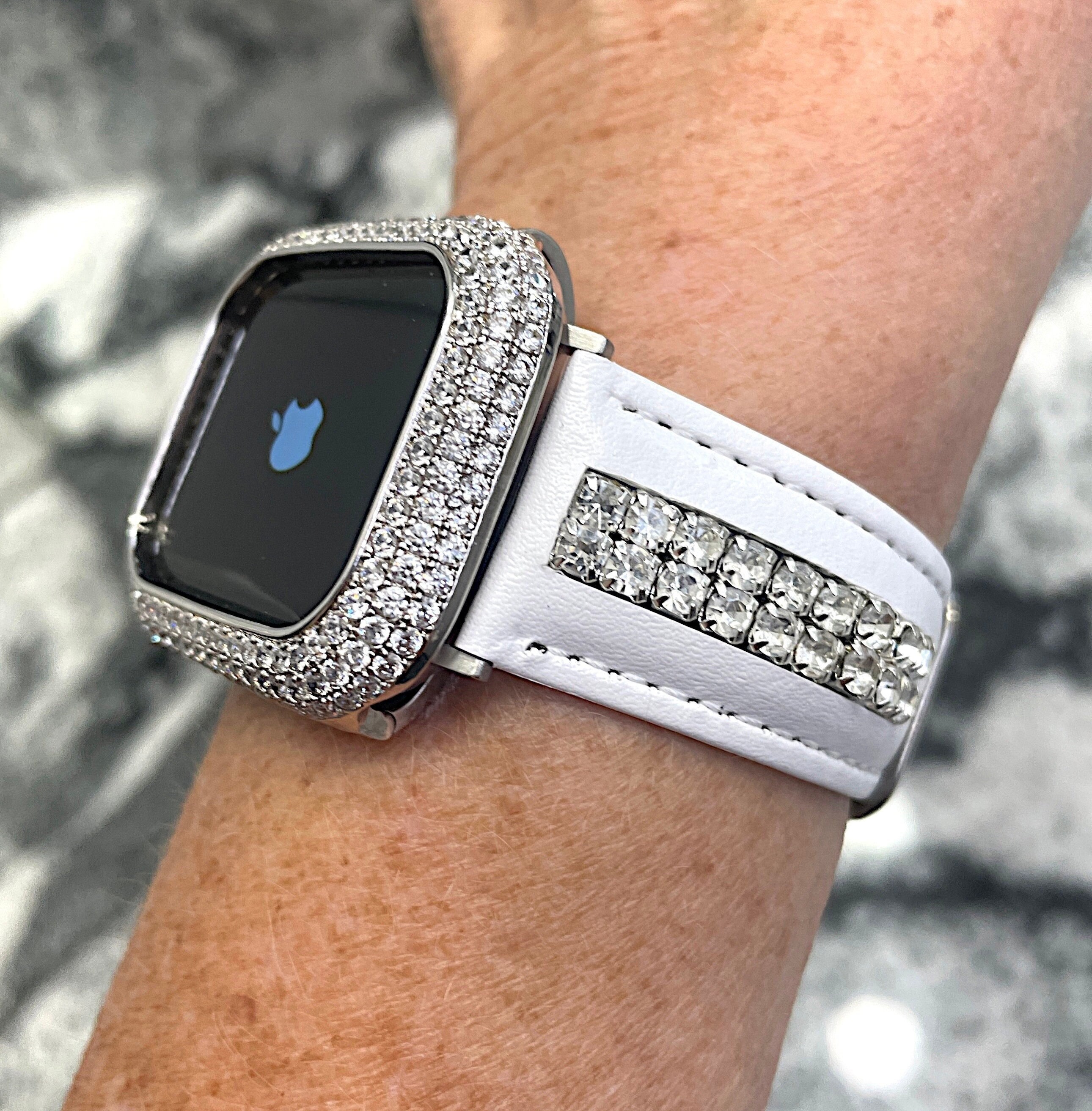 White Gold Apple Watch Band Leather 2 Row Made With CRYSTALLIZED