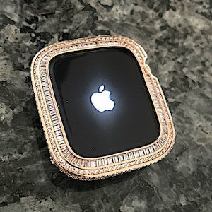 Rose gold Bling Baguette Bezel Only Lab Diamond Apple Watch Case Cover Metal Series 4,5,6,7,8,9,SE 40,41,44,45mm bumper ipad iphone