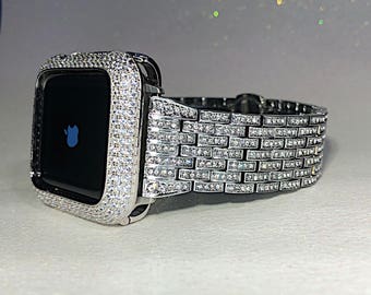 White gold Apple Watch Band and or Lab Diamond Apple Watch case Iwatch band bling bumper case 40,42,41,44,45,49 Ultra series 10 42mm 46mm