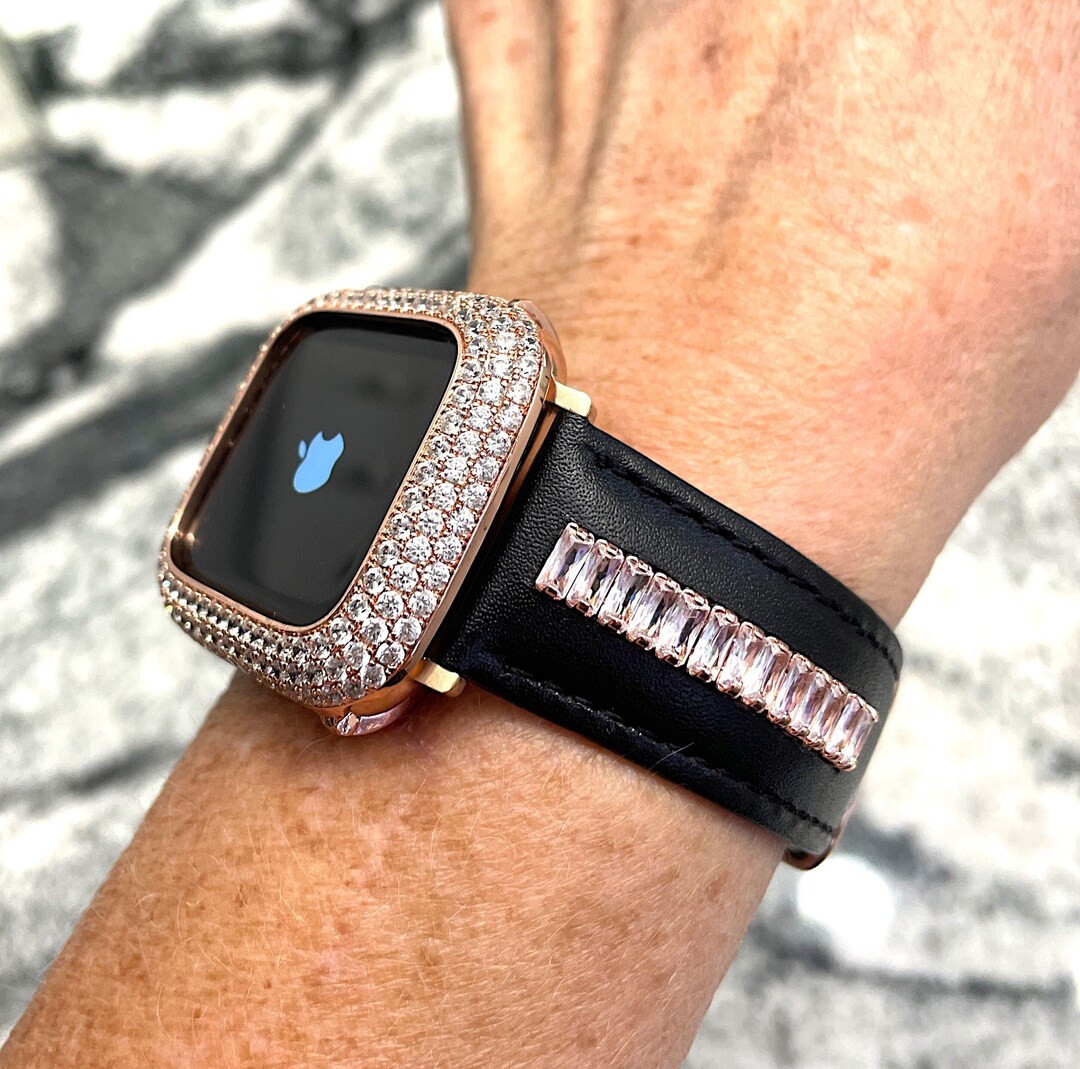 Black Leather Apple Watch Baguette Band and or 14 K Rose Gold GP