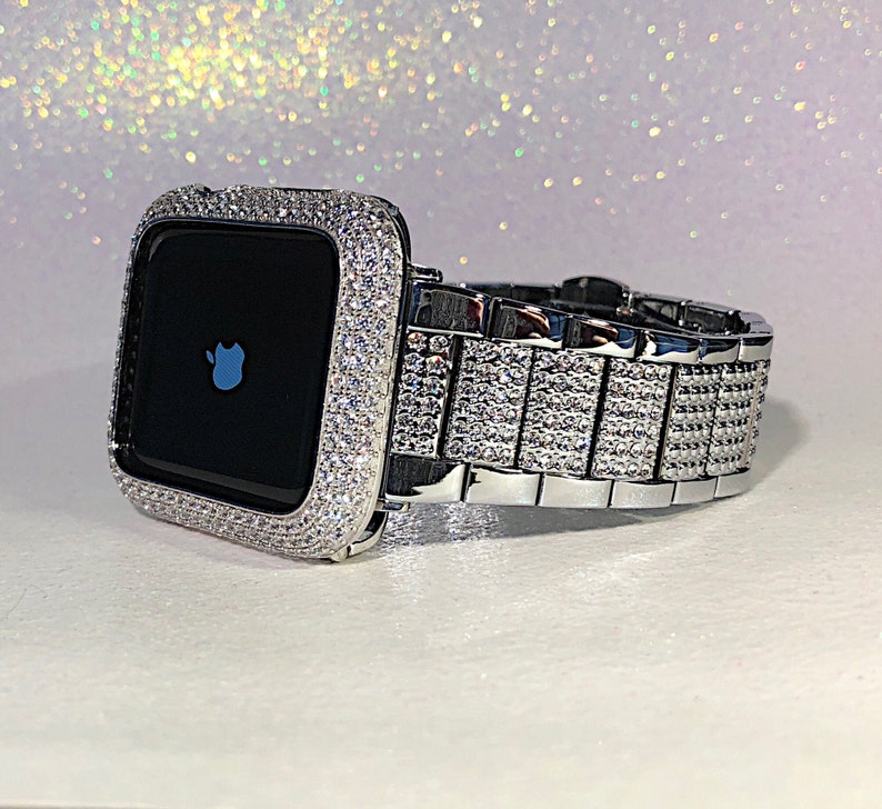 White gold Apple Watch lab Diamond bezel case and or band bling Sparkling Bling  band 38,40,42,44,41,45mm Series 1,2 ,3,4,5,6,7,8,SE 