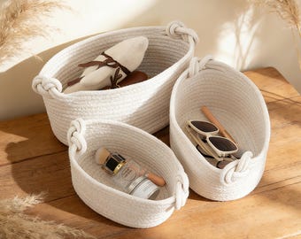 Cotton Rope Storage Basket, Foldable Organizer Bin, Desk Storage Basket, Makeup Organizer, Woven Basket with Handle, Home Storage Decor
