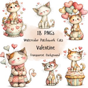 Watercolor Patchwork Cats Clipart, Valentine PNG, Nursery Art (Digital Download)