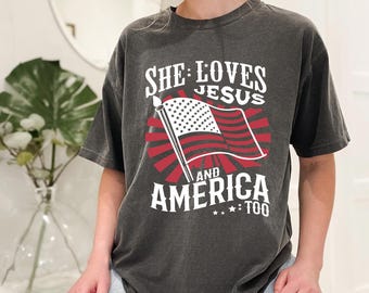 She Loves Jesus and America Too PNG, Christian Patriotic Sublimation Design, USA Flag Printable Clipart, 4th of July Faith Graphic