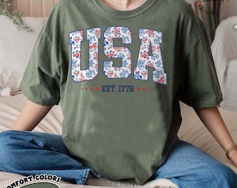 USA Floral Letter Png, 4th of July Patriotic Sublimation Design, Red White Blue Flowers USA PNG, Independence Day Clipart
