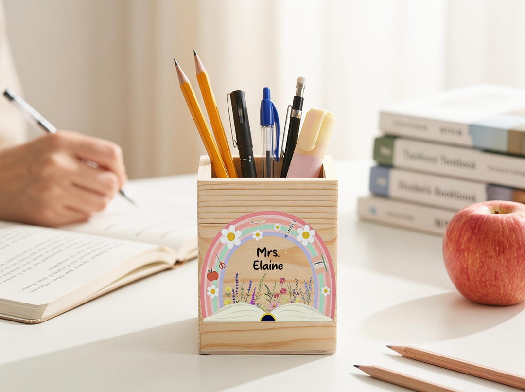 Personalized Pen Holder Teacher Gift, Rainbow Floral Desk Organizer for ...
