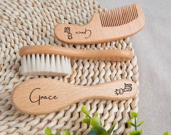 Custom Engraved Name Brush,Baby Brush,Baby Shower Gifts,Personalized Wooden Baby Hair Brush Set,Wooden Hair Brush and Comb for Newborn Gifts
