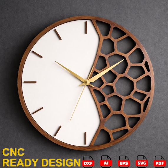 Geometric Wooden Wall Clock CNC File: Split Face Vector (Digital Download)