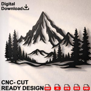 Könnte beinhalten: Schwarze Metall-Wandkunst mit einer Bergkette und immergrünen Bäumen. Das Design enthält den Text "Digital Download" und "CNC-CUT READY DESIGN". Das Kunstwerk ist ein digitaler Download und ist in den Formaten DXF, AI, EPS, SVG und PDF verfügbar.
