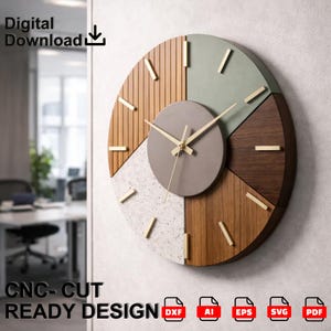 May include: A contemporary wall clock with a geometric design. The clock face is divided into segments of wood, speckled white, and muted green. Gold hands and markers stand out against the grey centre. The text "Digital Download" and "CNC-CUT READY DESIGN" are visible.