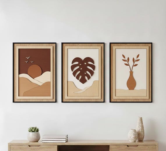 Modern Layered Wood Wall Art Set, Botanical Minimal Decor CNC Vector Files