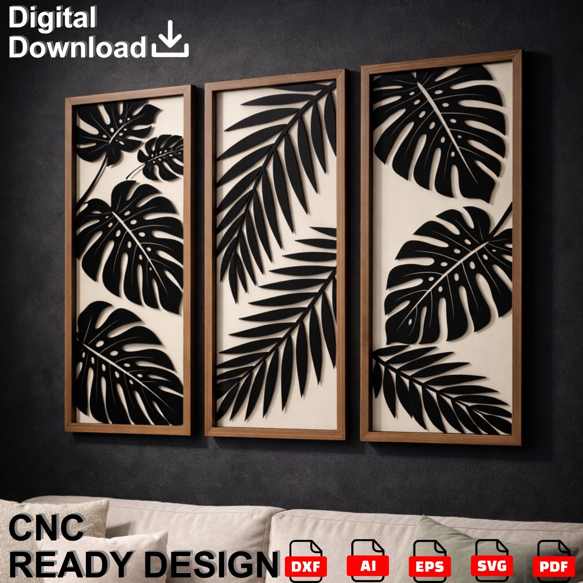 Monstera Wall Art CNC File | Tropical Triptych Panel Laser Cut DXF SVG ...