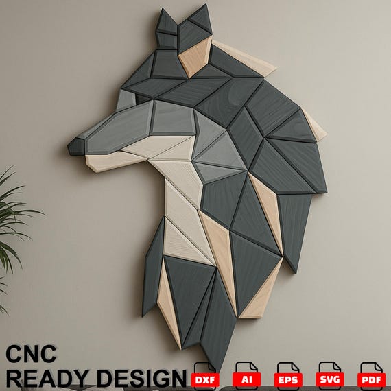 Geometric Wolf Wall Art CNC File – 3D Wooden Decor (Digital Download)