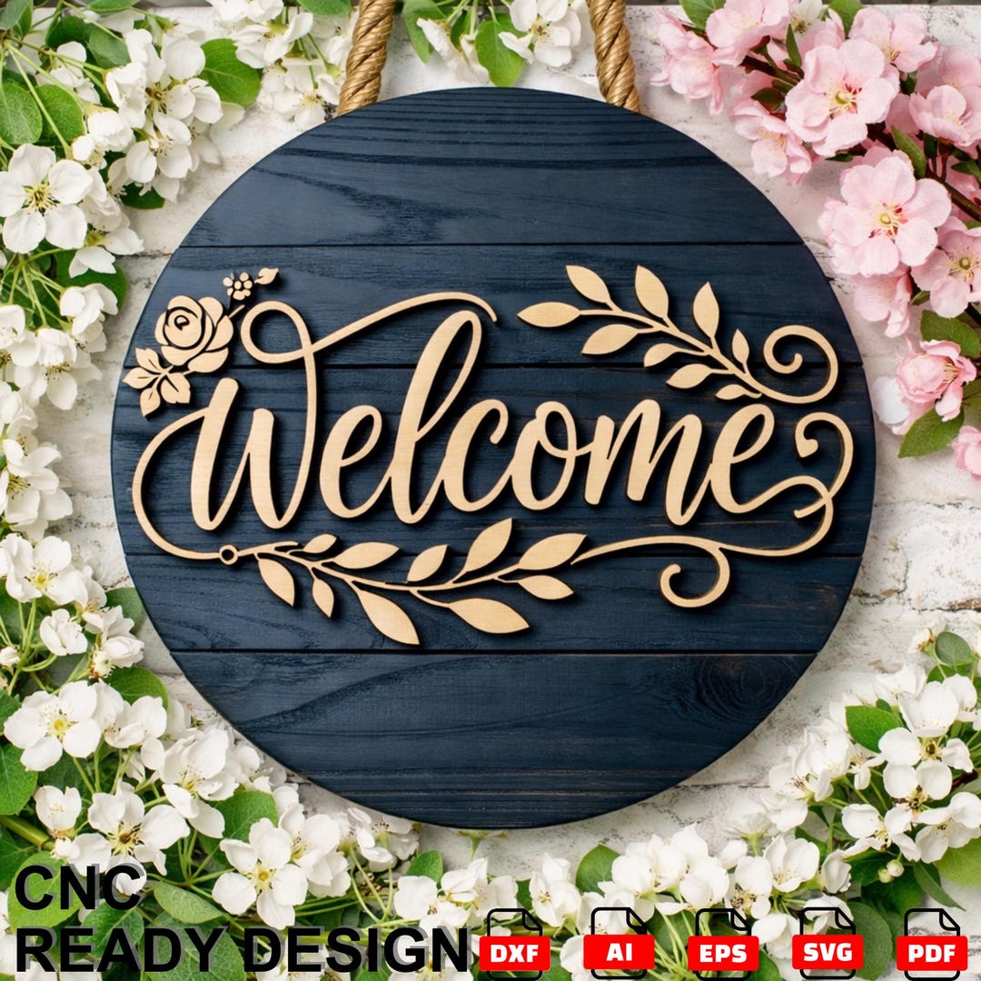 Floral Welcome Round Sign Board for CNC & Laser Cut | Layered Wall ...