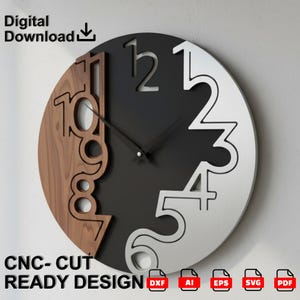 Könnte beinhalten: Eine moderne Wanduhr mit einem einzigartigen Design. Das Zifferblatt ist in drei Bereiche unterteilt: Holzmaserung, Schwarz und Silber. Die Zahlen sind ausgeschnitten und die Zeiger sind schwarz. Die Wörter "Digital Download" und "CNC-CUT READY DESIGN" sind sichtbar.