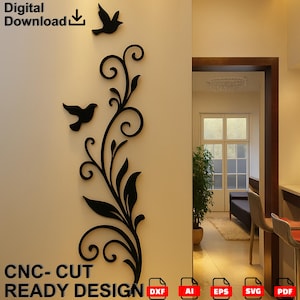 Holiday decor gift Bird and Floral Wall Art DXF File: CNC Laser Cut Design