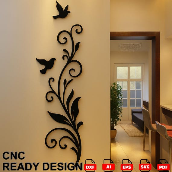 Holiday decor gift Bird and Floral Wall Art DXF File: CNC Laser Cut Design