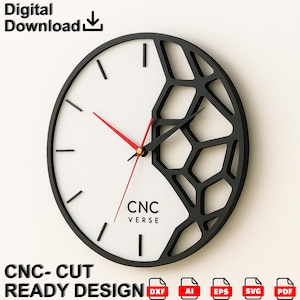 Geometrisk träväggklocka CNC-fil: Laserskuren mall (digital nedladdning)