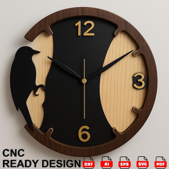 Floral Bird Wall Clock CNC File – Laser Cut DXF SVG Template (Digital Download)