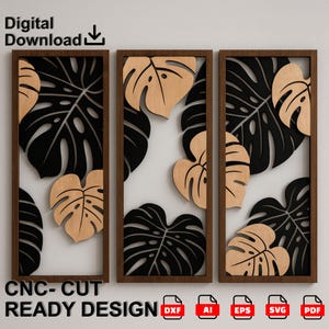 Puede incluir: Arte mural de tres paneles con un diseño de hojas de monstera. Cada panel tiene un marco marrón oscuro con hojas negras y marrón claro. Las palabras "Digital Download" y "CNC-CUT READY DESIGN" son visibles.