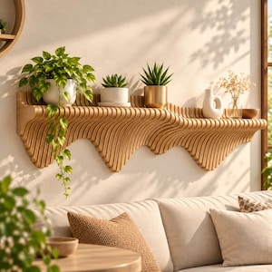 Peut inclure: Une étagère murale en bois au design ondulé composé de lattes superposées. Elle supporte une plante verte retombante dans un pot blanc, une petite succulente dans un pot blanc, une succulente dans un pot doré, un vase en céramique et un vase en verre.