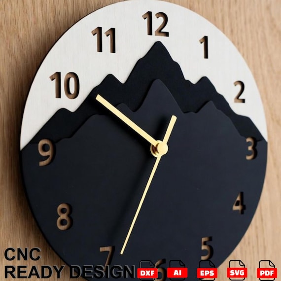Layered Mountain Wall Clock CNC File | Modern Wooden Clock Laser Cut Design
