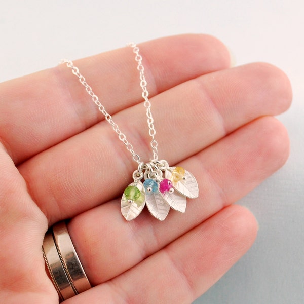 Custom Family Necklace, Dainty Leaves, Genuine Birthstone, Sterling Silver Jewelry for Mom, Personalized, Mother's Day