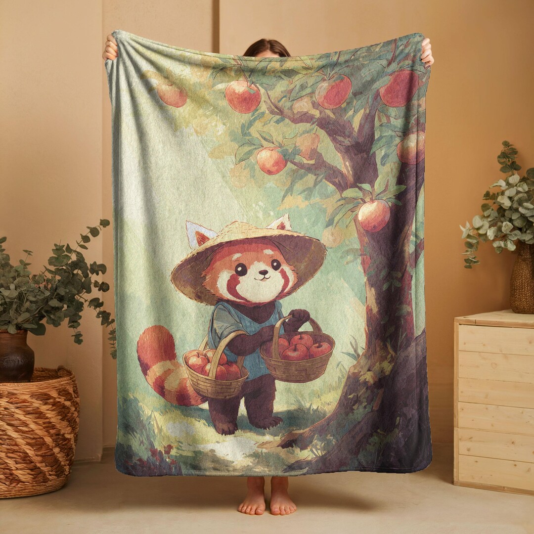 Cute Red Panda Apple Picking Minky Blanket, Farmer Panda Basket Harvest ...