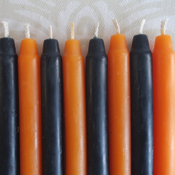 Handmade 100% Beeswax Halloween Chime Candles - set of 8 orange / black