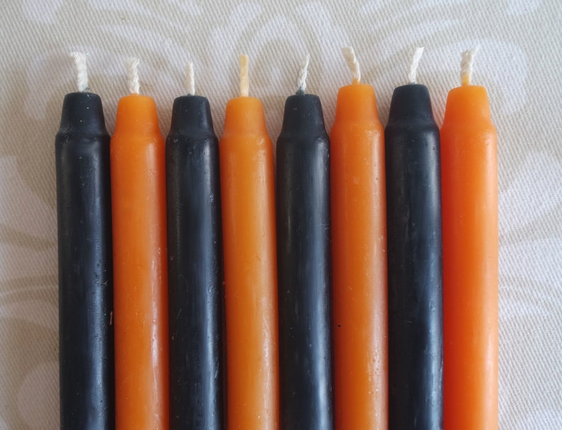 Handmade 100% Beeswax Halloween Chime Candles set of 8 orange / black image 1