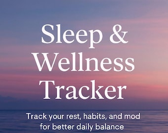 May include: A digital graphic with the words "Sleep & Wellness Tracker" in white, set against a gradient background of blue, purple, and pink hues, with a crescent moon at the top. The text "Track your rest, habits, and mod for better daily balance" is at the bottom.