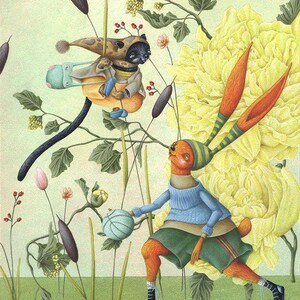 Pintura de coelho e gato caprichosa – Ilustração de animal fantástico – Arte de livro de histórias em acrílico – Decoração de parede original