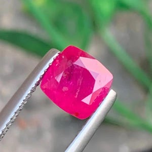 May include: A cushion-cut ruby gemstone, held by silver tweezers. The ruby has a deep red colour and multiple facets that reflect light. The background is blurred, with green foliage.