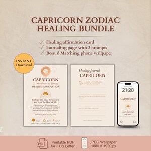 Steinbock Sternzeichen Heilung Set – Digitales Journal, Affirmationskarte & Sperrbildschirmhintergrund | Druckbares Self-Care Astrologie Geschenk