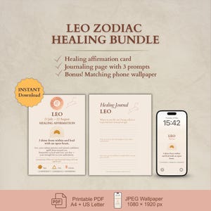 Conjunto de Cura do Zodíaco Leão – Diário para Imprimir, Cartão de Afirmação e Papel de Parede para Celular